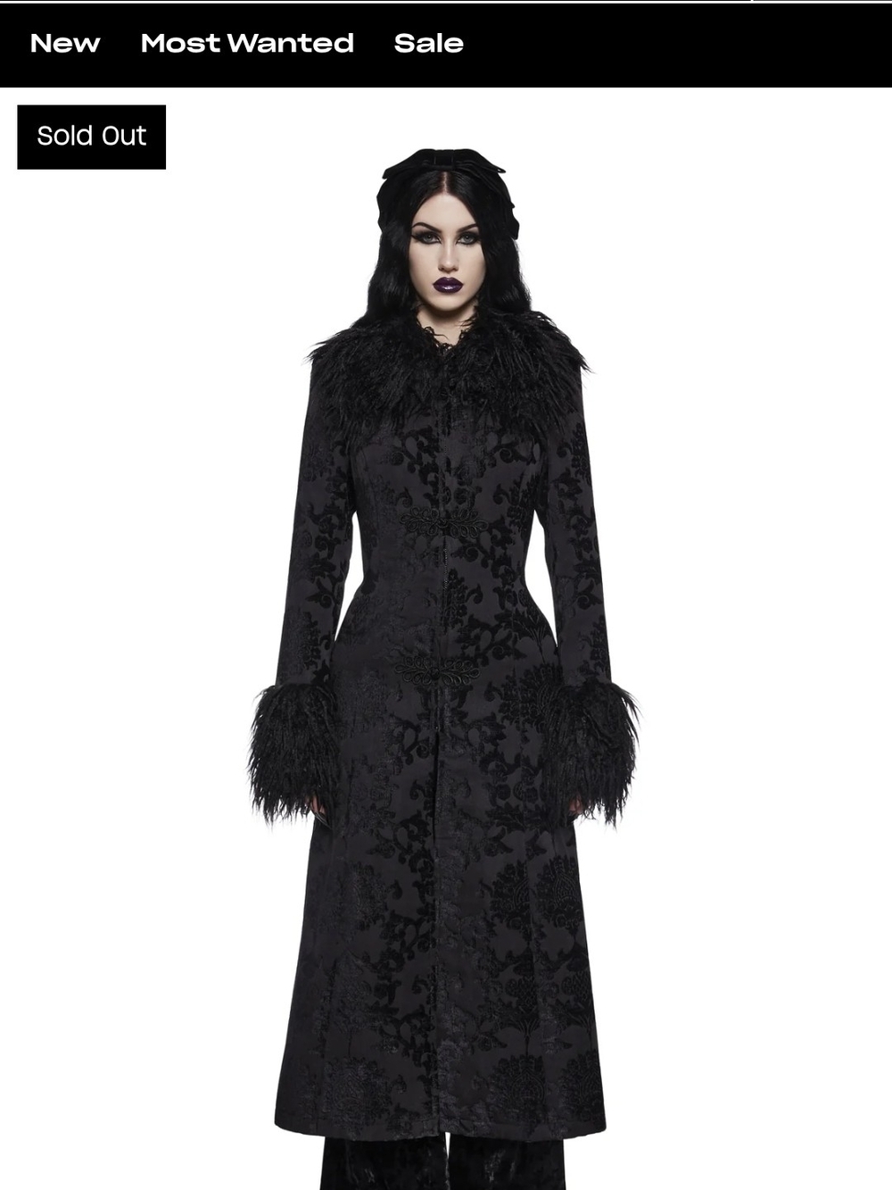 Dolls Kill Black Gothic Brocade Coat with Feather Trim